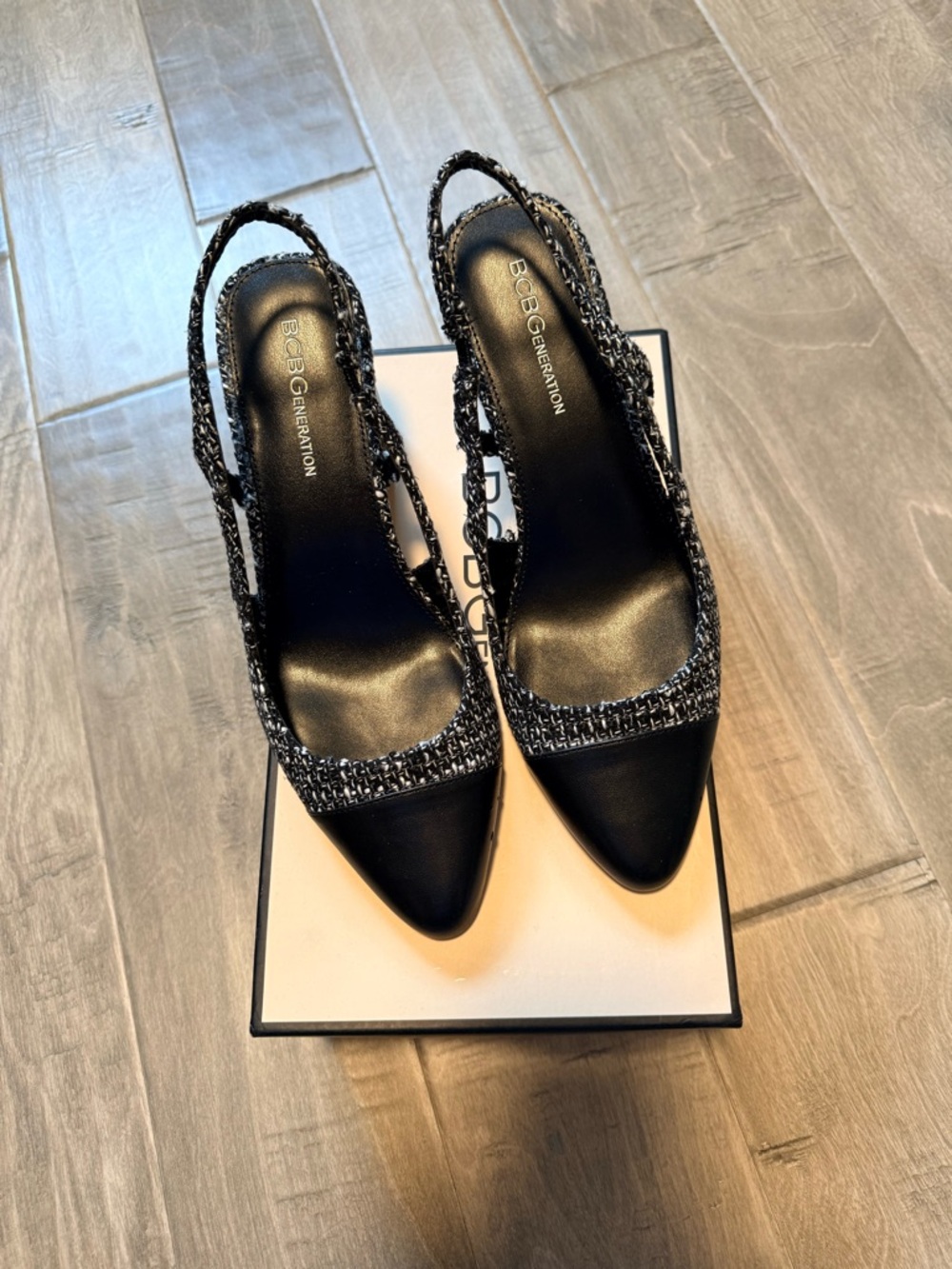 BCBGeneration Black Pointed Slingback Heels with Woven Trim